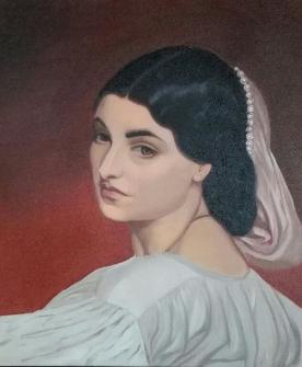 Oils on board, Inspired by Pavonia painted by Frederic Leighton, 1858-59