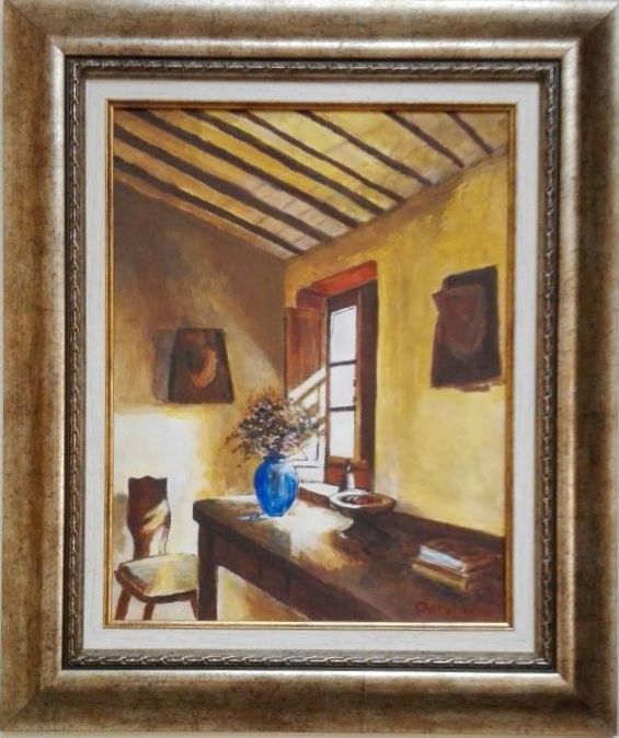 Sunny corner.  Oils on board. Framed  53 cm x 63 cm by Daryl