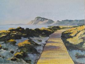 Coastal board walk. Oils on board 30 cm x 40 cm. Unframed by Daryl